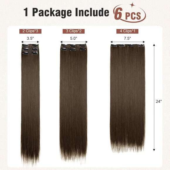New 6PC Clip-in Hair Extensions 24" Straight Synthetic - Chestnut Brown - Picture 4 of 5